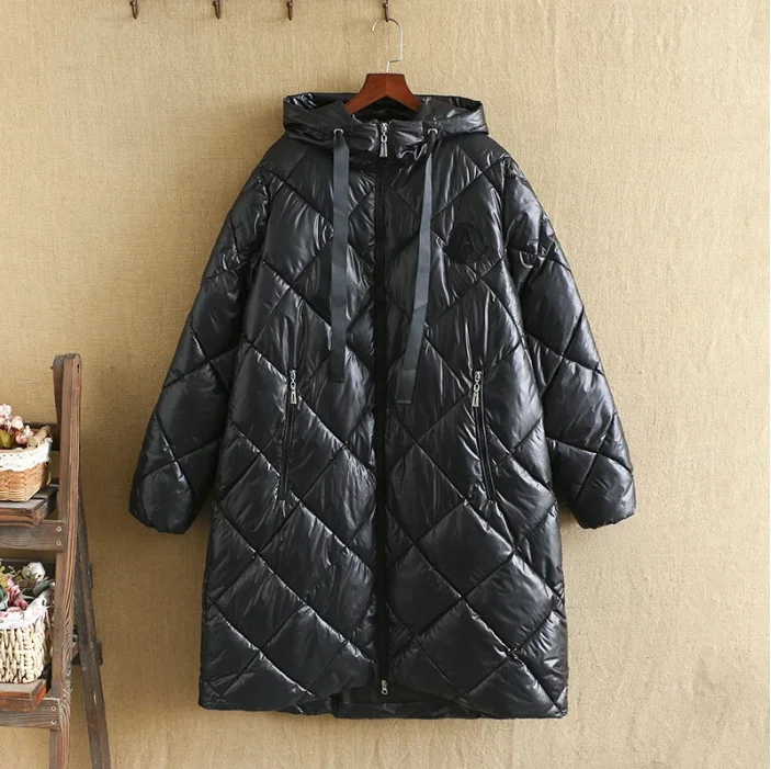 

Plus Size Winter Jackets For Women With High Quality Hood Grid pattern Interlayer Cotton Extra Large Size Mid-Length Thick Coat