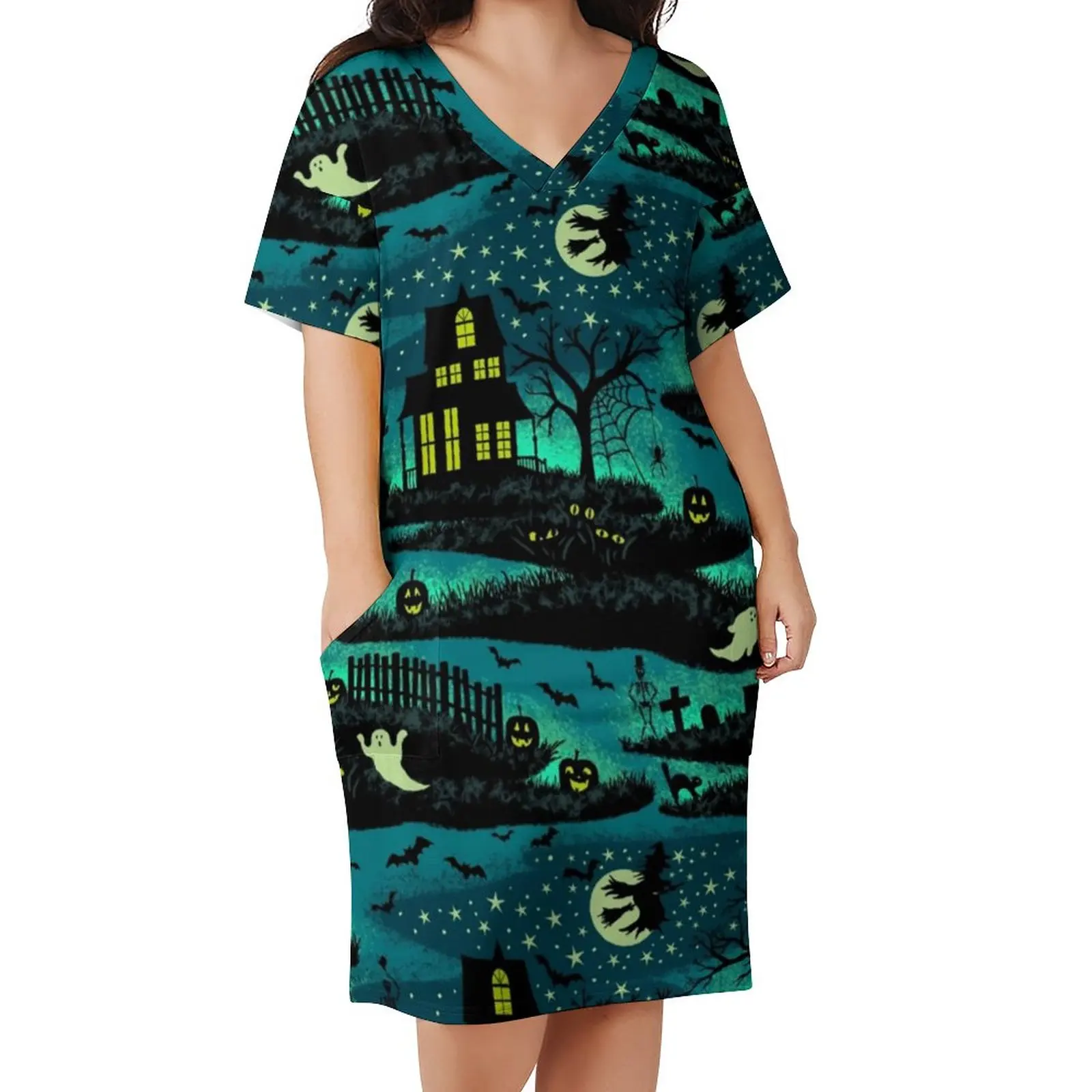 

Magical Halloween Night Dress V Neck Black Bats Print Kawaii Dresses Women Aesthetic Custom Casual Dress With Pockets Plus Size
