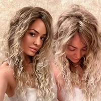 gnimegil blonde curly wigs for women synthetic ombre long wig natural dark roots fluffy costume wig tattoo stickers free gifts