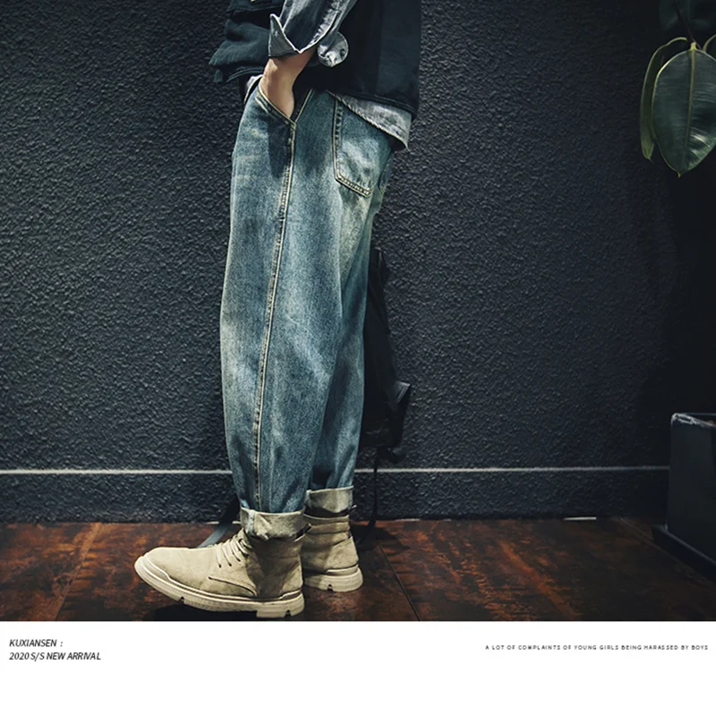 Men Clothing New Pattern Recreational Vintage Nostalgia Blue Jeans Comfortable Straight Cylinder Loose Haren Pants Autumn Female