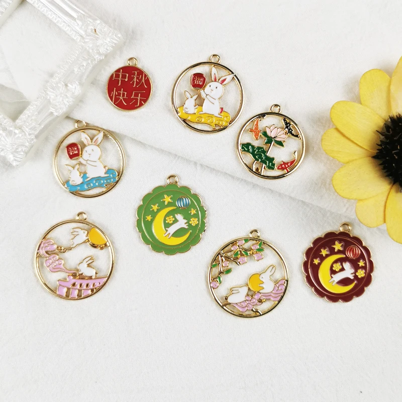 

JeQue 10Pcs Enamel Chinese Wind Moon Rabbit Lotus Charms Pendants for Jewelry Making Earrings Bracelet Necklace DIY Accessories
