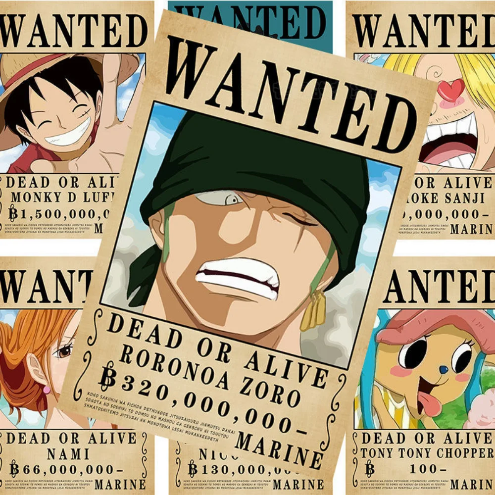 

8pcs/set Anime Stickers One Piece Wanted Poster 1.5 Billion Straw Hat Reward Order Bounty Wallpaper Dormitory Sticker large size