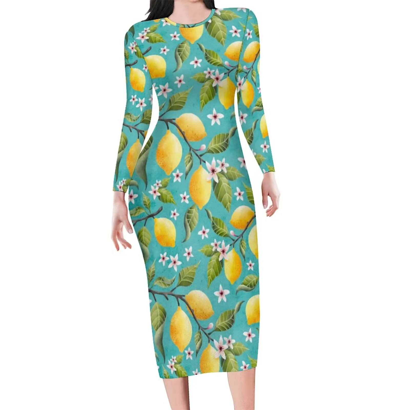 

Lemon Tree Dress Long Sleeve Floral And Leaf Print Pretty Dresses Autumn Street Fashion Design Bodycon Dress Large Size 5XL 6XL