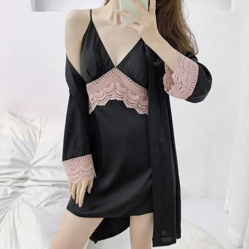 Комплект из двух предметов ночная рубашка женский кружевной халат сатиновый