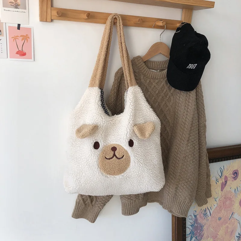 

Soft Plush Tote Bag Women Cartoon Embroidery Imitation Lamb Wool Shoulder Bags for Women Shopping Bag Bolsa Handbags for Women
