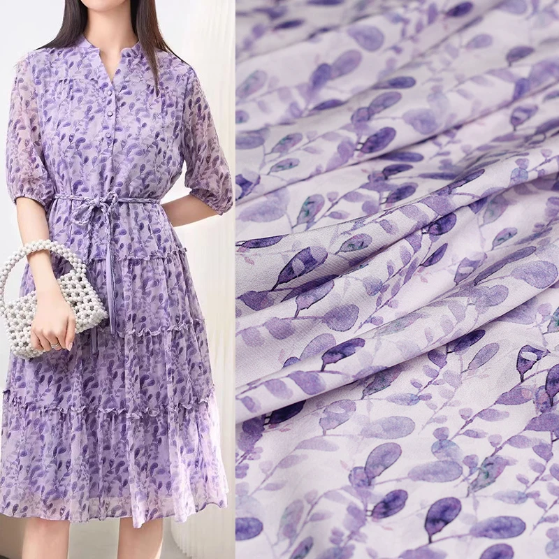 

Red Raspberry 105g silk stretch crepe de chine purple round flower fabrics clothes Garment sewing materials Free shipping