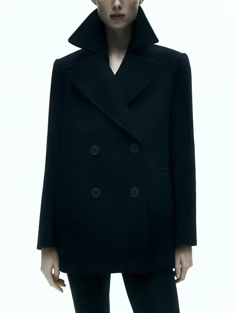 

Женское шерстяное двубортное пальто TRAF, верхняя одежда темно-синего цвета с длинными рукавами и карманами, теплая куртка, пальто, зима 2022