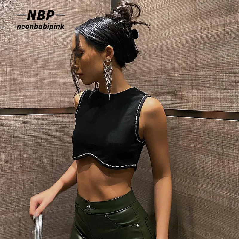 

NEONBABIPINK, черный кроп-топ со стразами, сексуальная модная летняя одежда для женщин, Клубная одежда, майки, футболки без рукавов, женская одежда