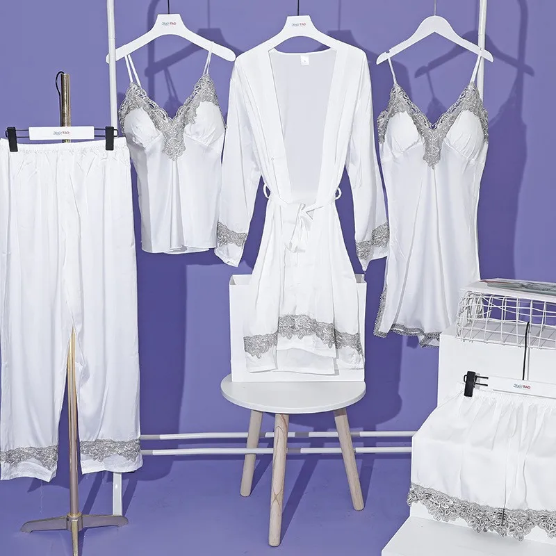 

Комплект пижамный женский с кружевной отделкой, комплект из 5 предметов, белая ночная рубашка, Свадебный халат, свободная Пижама, атласная Домашняя одежда, весна-лето