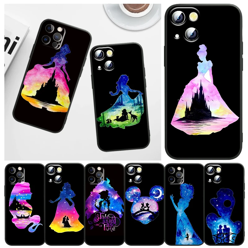 

Phone Case For Apple iPhone 14 13 12 11 mini 8 7 XS XR X SE 2020 Pro Max Plus Armour Disney Silhouette Princess Black Cover