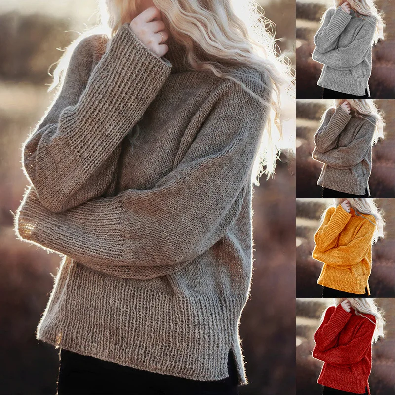 

Women Solid Color Sweater Pullover Regular Split Side Autumn and Winter Warm Sweater Knitting Casual Sweater