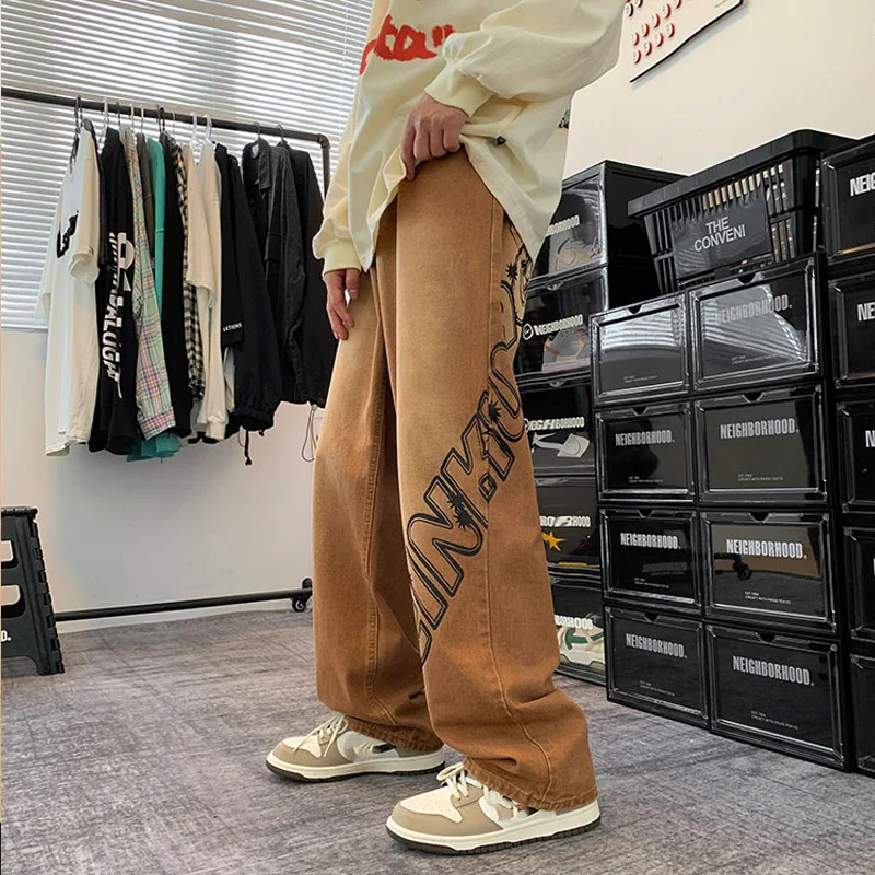 Wide Jeans for Men Street Style Fashion Printing Denim Trousers Baggy Straight Pants Vintage Y2K Bottoms Plus Size Male Clothes
