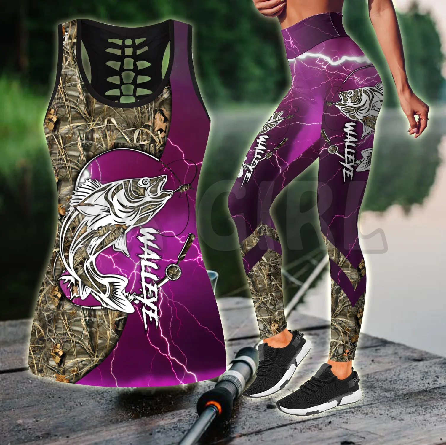 Walleye Fishing Gear Country Girl Tattoo Camo 3D Printed Tank Top+Legging Combo Outfit Yoga Fitness Legging Women