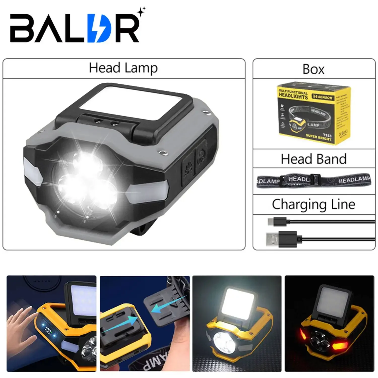 Светодиодный индукционный фонарик COB с зарядкой через USB многофункциональный