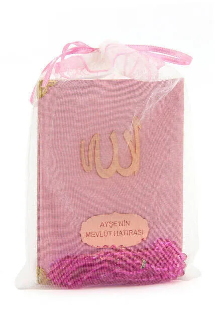 

IQRAH Slub Fabric Coated Yasin Book-Bag Size-İsme Special Plate Tesbihli-Pouched-Pink Color-Islamic Gifts