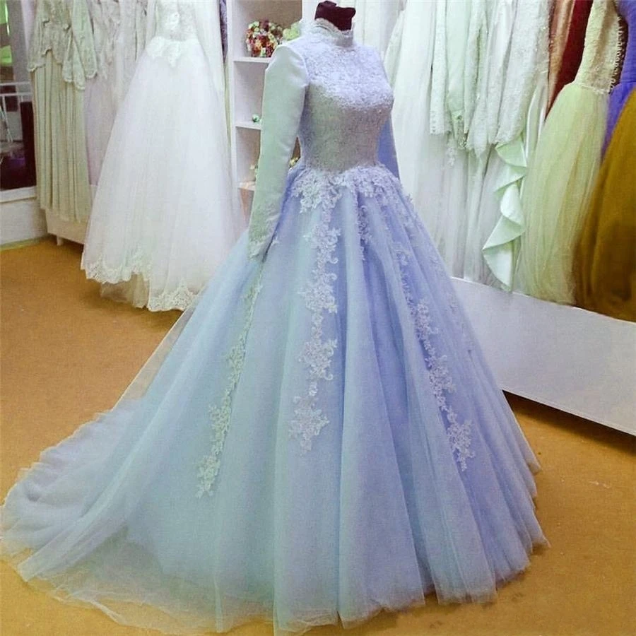 

2023 Muslim Arabic Wedding Dresses Lace Appliques Vintage Dubai Bridal Gowns High Neck Long Sleeves Vestido De Noiva de Renda