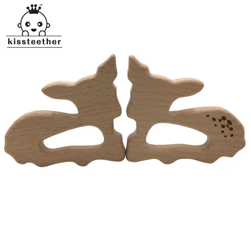 50pc Beech Wooden Teether Unfinished Wood Animal Sika Deer Food Grade Baby Wood Ring Teether DIY Nursing Necklace Charms Pendant