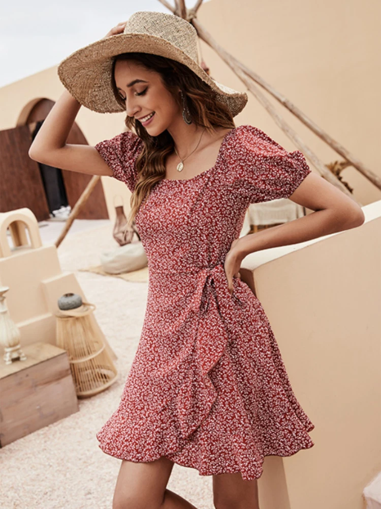 

Элегантные и красивые женские платья, новинка, модное красное летнее платье с квадратным вырезом и цветочным принтом, пикантное мини-платье с тонкой талией для женщин