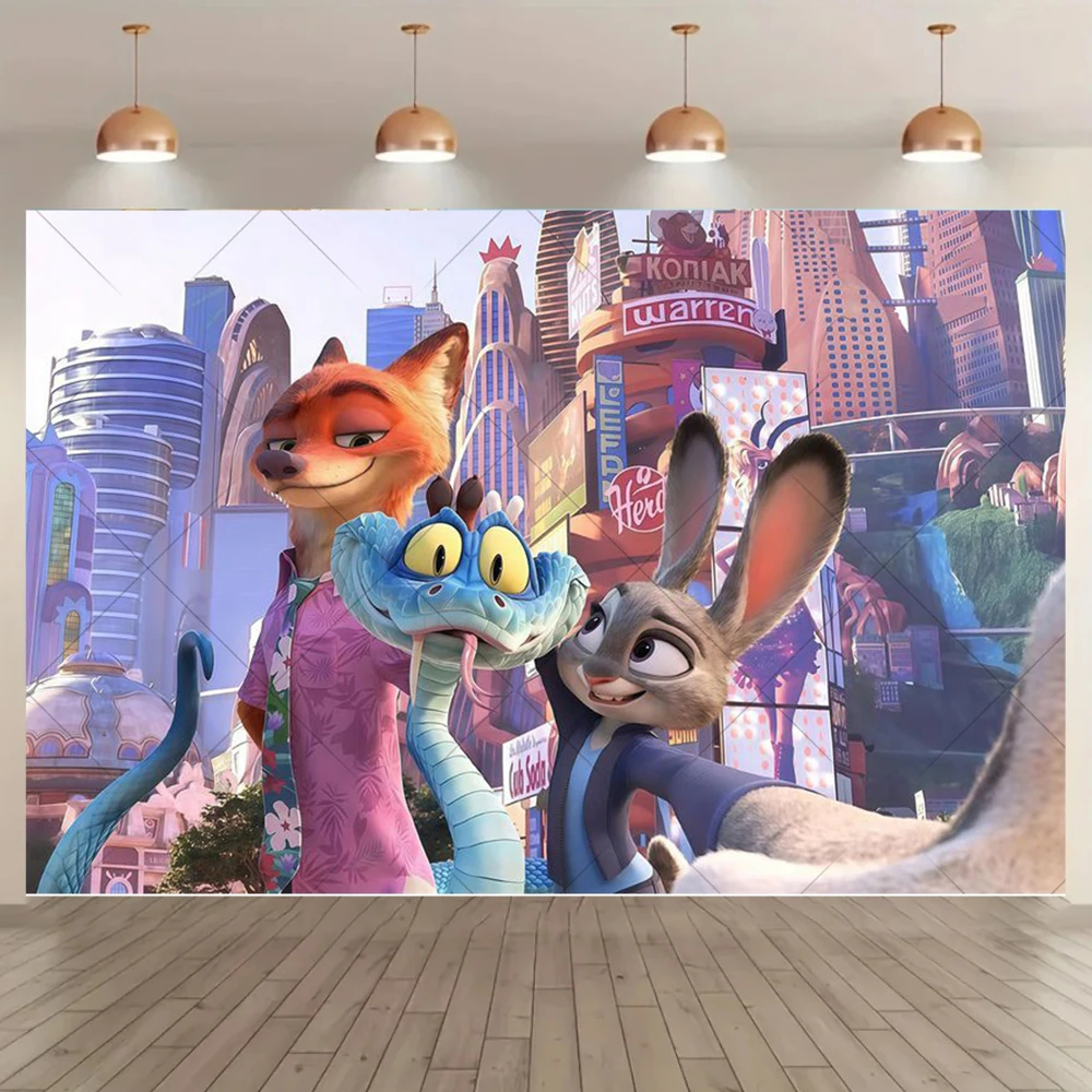 Фото Фон для фотосессии с героями мультфильма Disney «Зверополис», Ник и Джуди, баннер для дня рождения, детского праздника, украшение для фотосессии №3