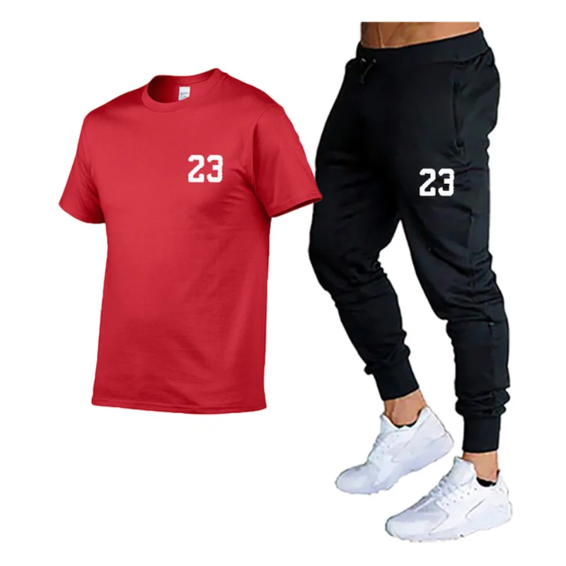 2023 Fashion All-match Men's Sports Suit Men's Casual Suit Spring And Summer Brand Short-sleeved Top + Trousers 2-piece Suit
