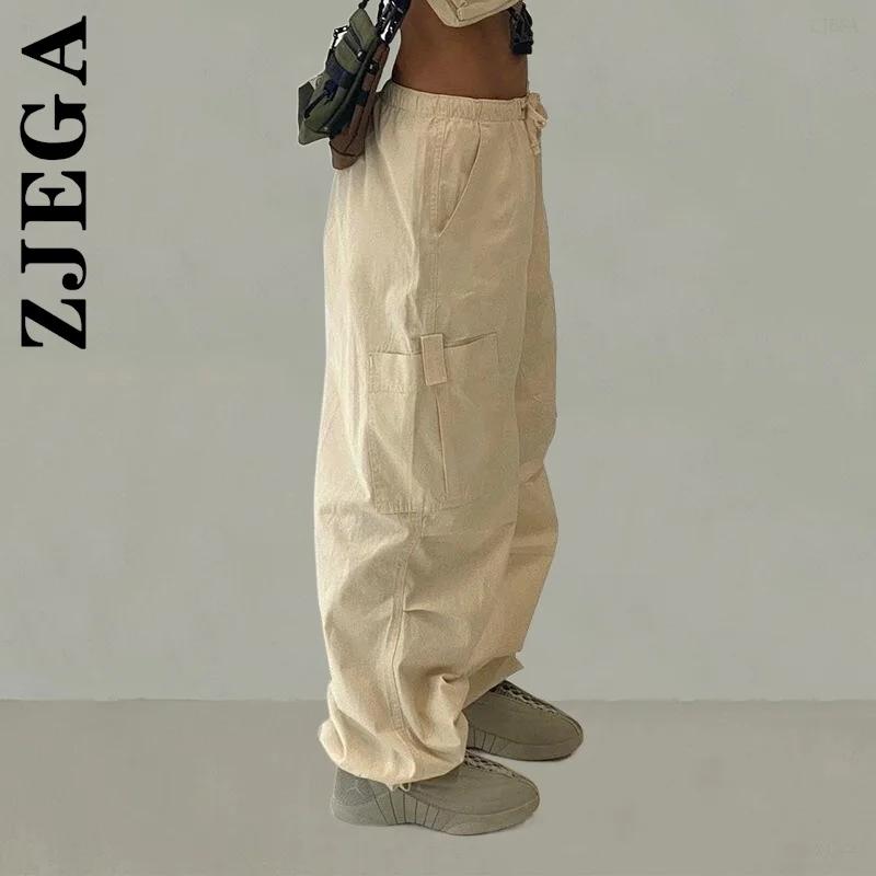 

Zjega Fashion Trousers Pants Women Elastic Leg Pockets Low Waist Cargo Pants High Waist Bottoms Quality Wide Leg Mujer Female