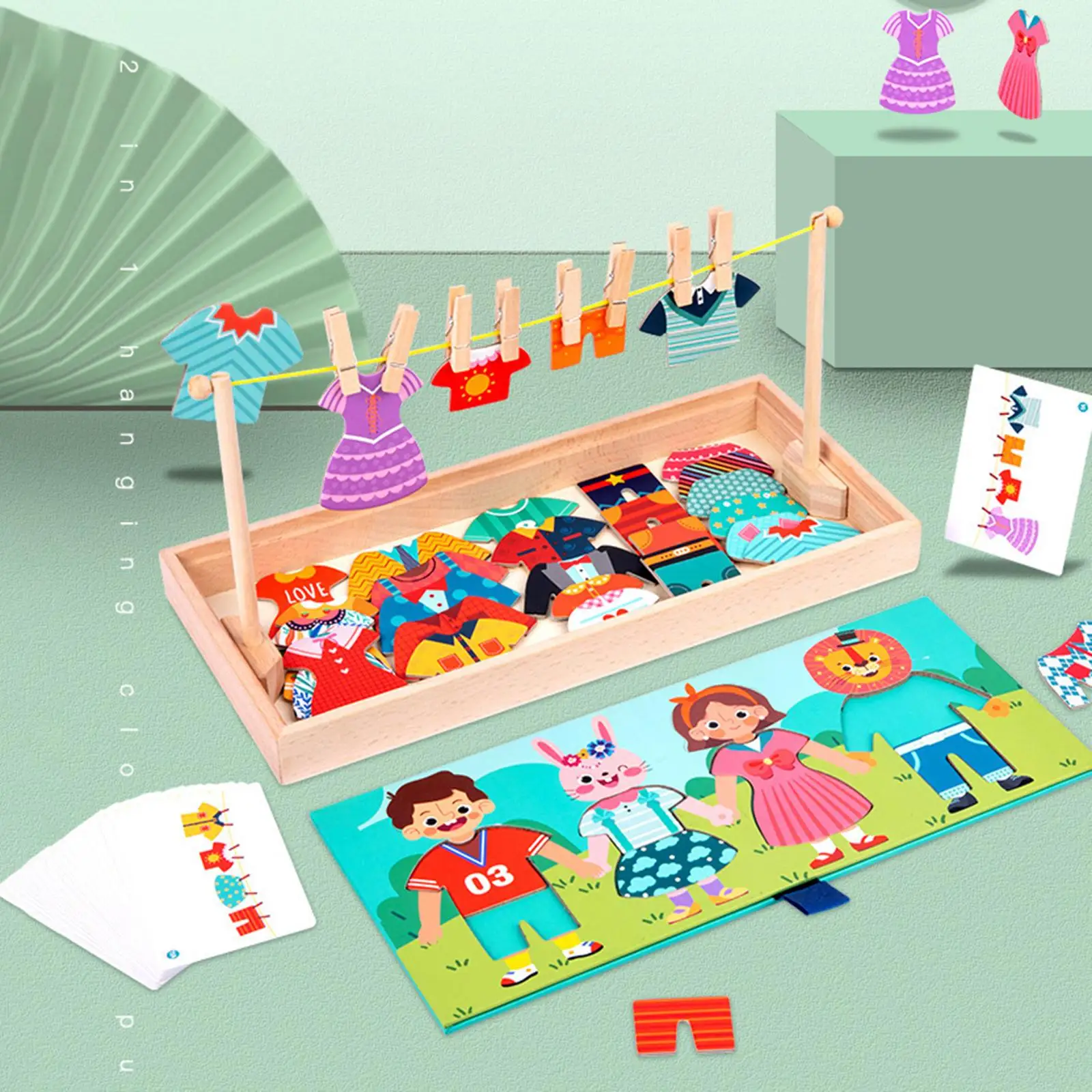 

Hanging Clothes Pretend Play Wood Drying Clothing for Boys Girls4 Players