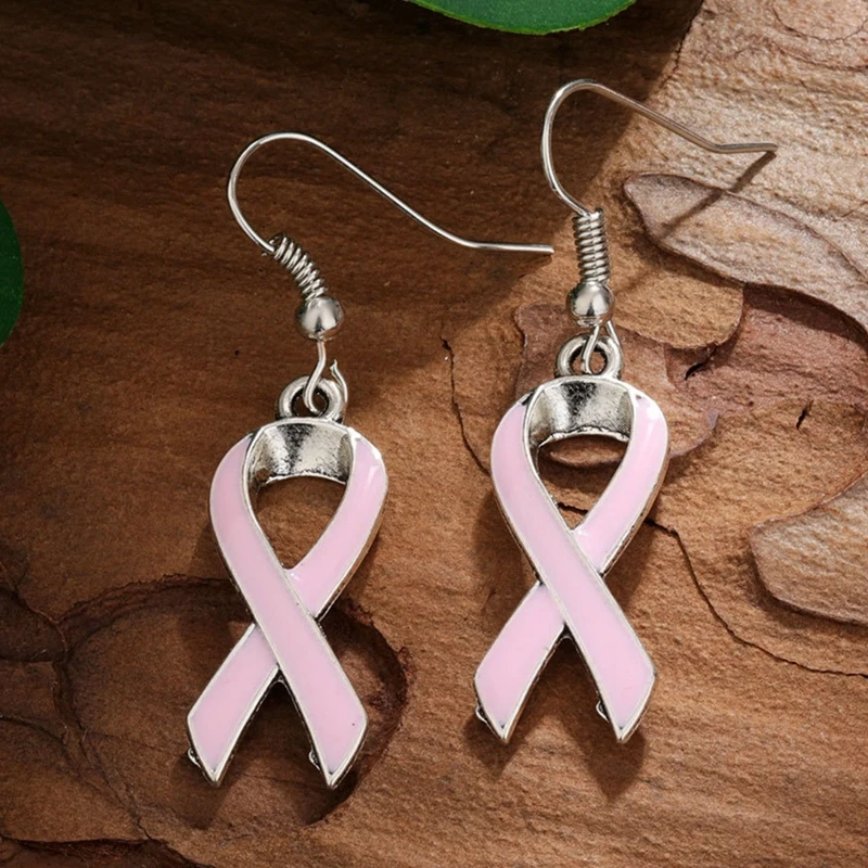 

Fighter Breast Cancer Awareness Hope Earring for Women Enamel Pink Ribbon Pendant Short Drop Earrings Prayer Jewelry Female Gift