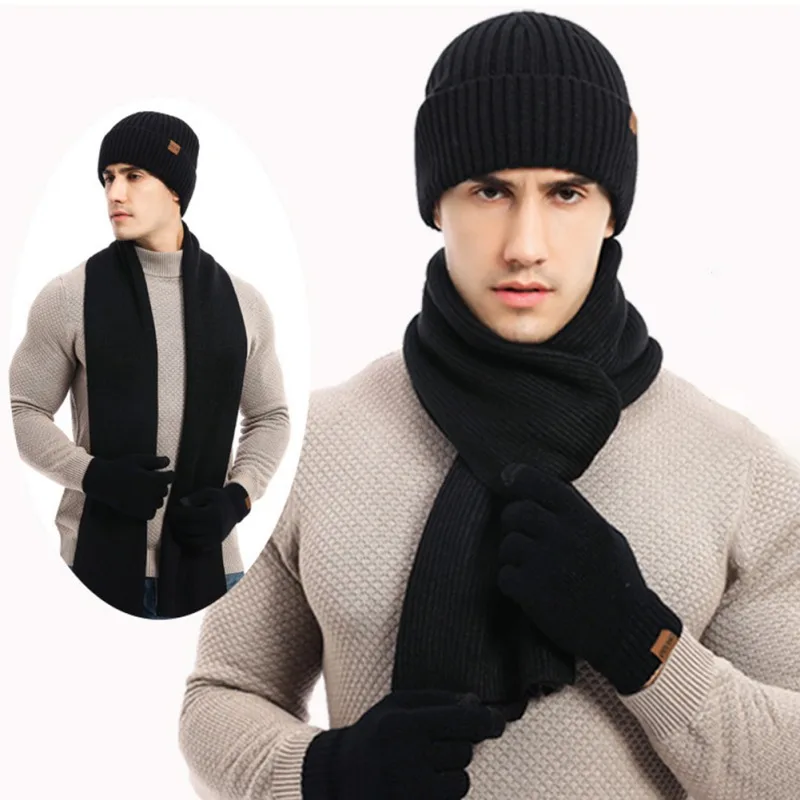 

Warm 3 Pieces Per Set Men Women Winter Gloves Scarf Hats Thick Windproof Sets Male Beanies Gloves For Gift