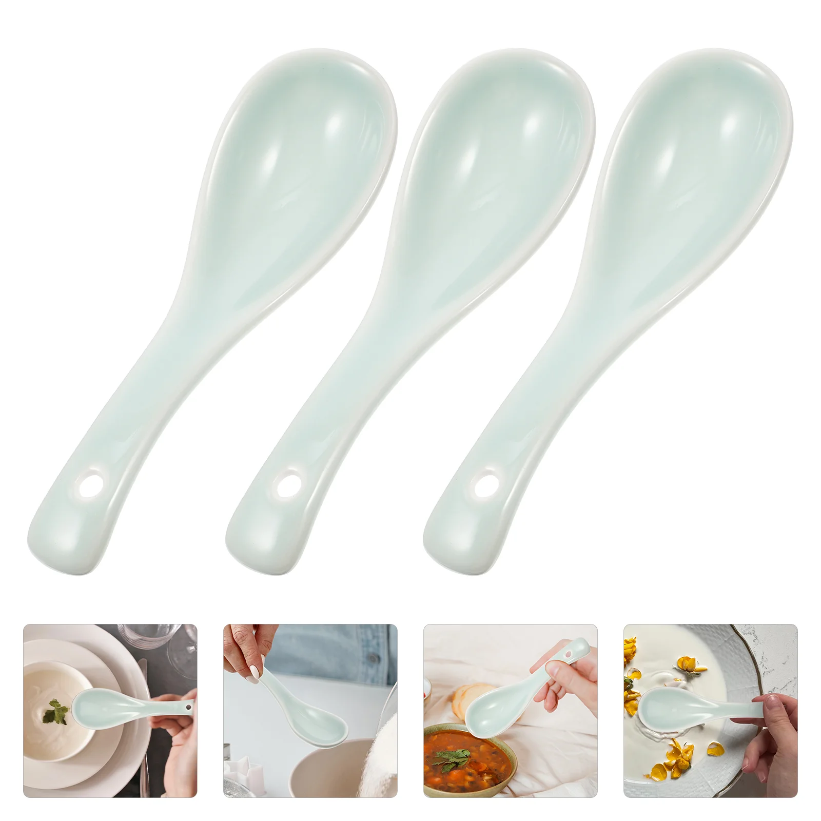

3pcs Short Handle Spoon Ceramic Spoon Restaurant Spoon Porridge Spoon Home Spoons