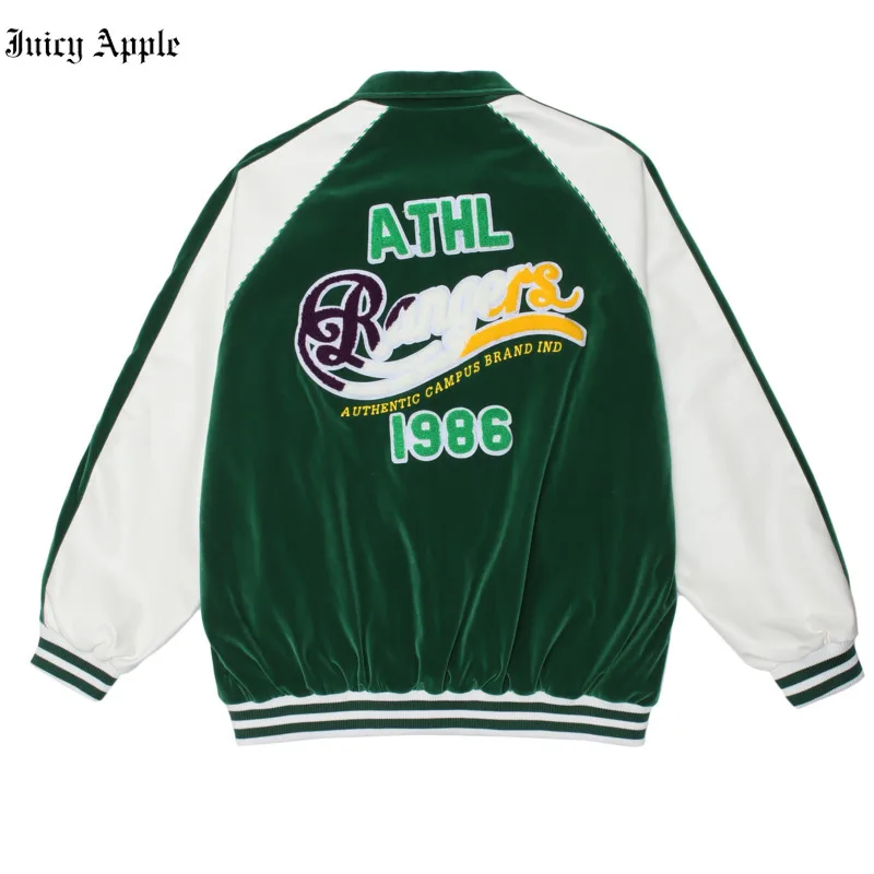 Juicy Apple Baseball Jacket Velvet Long Sleeve Embroidery Green Bomber Woman Jackets 2022 New Varsity Jacket Women Coat Bomber