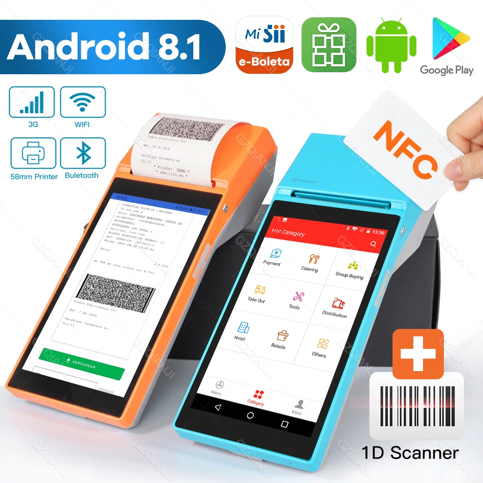 

Android портативный терминал 1D сканер PDA POS с 58 мм термочековым принтером Bluetooth WiFi 3G NFC портативный принтер SII APP