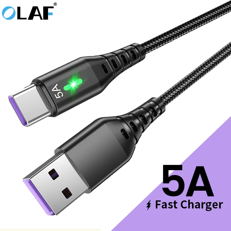 Кабель OLAF USB Type C 5A кабель для быстрой зарядки QC 3 0 со светодиодной подсветкой Micro