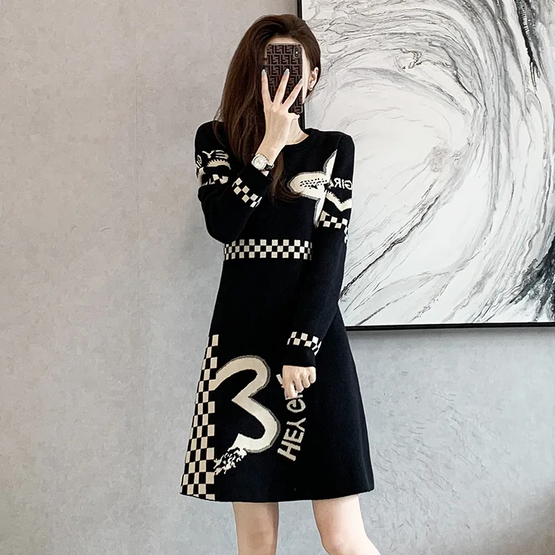 

Knitted Sweater Dress White A Line Women Spring Autumn Slim Jacquard Letter High Waist Knitted Dresses Fashion Pullover Clothes