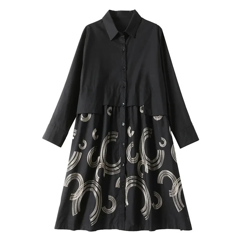 

Женское Хлопковое платье-рубашка с вышивкой, новинка весны 2022, свободное тонкое платье средней длины с длинными рукавами, юбка-трапеция для ...