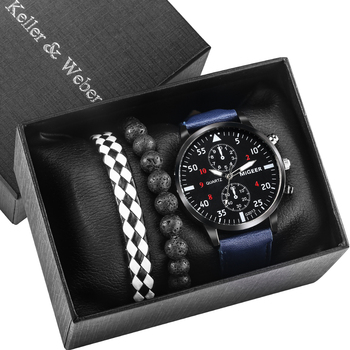 Fashion Men's Watch Bracelet Set Large Dial Blue Leather Strap Black White Lattice Bracelets Leisure Quartz Wristwatch Gift Box-36834