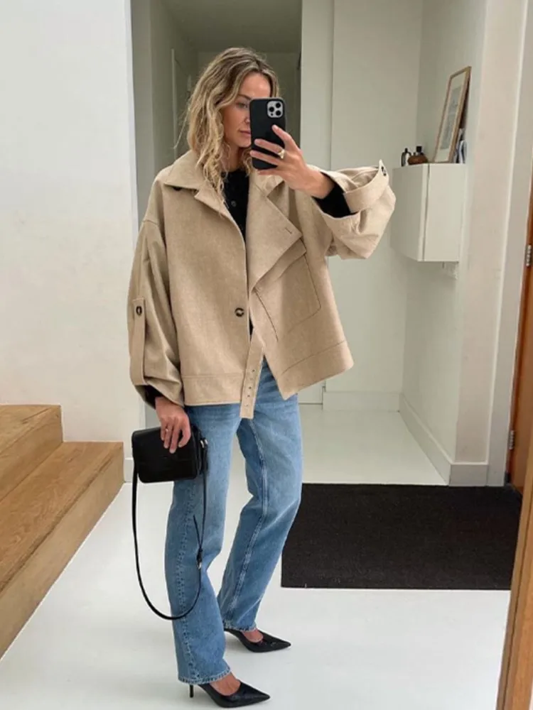 

Укороченная однобортная куртка с воротником-стойкой, Женская Повседневная модная однотонная верхняя одежда, теплая уличная одежда с длинным рукавом на осень/зиму