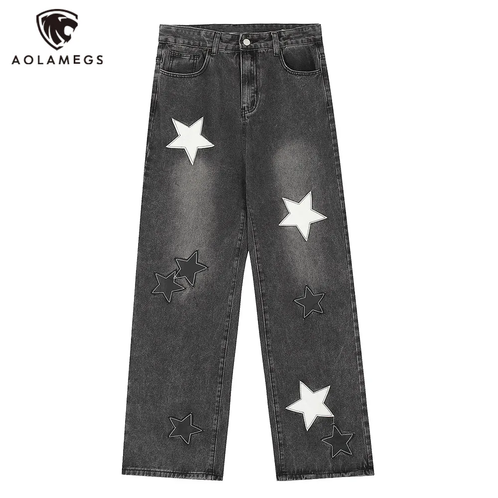 

Streetwear Vintage Hit Color Star Patch Denim Pants Washed Straight Fashion Jeans Wide Leg Casual Loose Denim Trousers Unisex