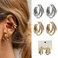 three hoops metal earrings 14k yellow gold fashion wide chunky hoop earrings for women girls sensitive ears dainty thick huggie