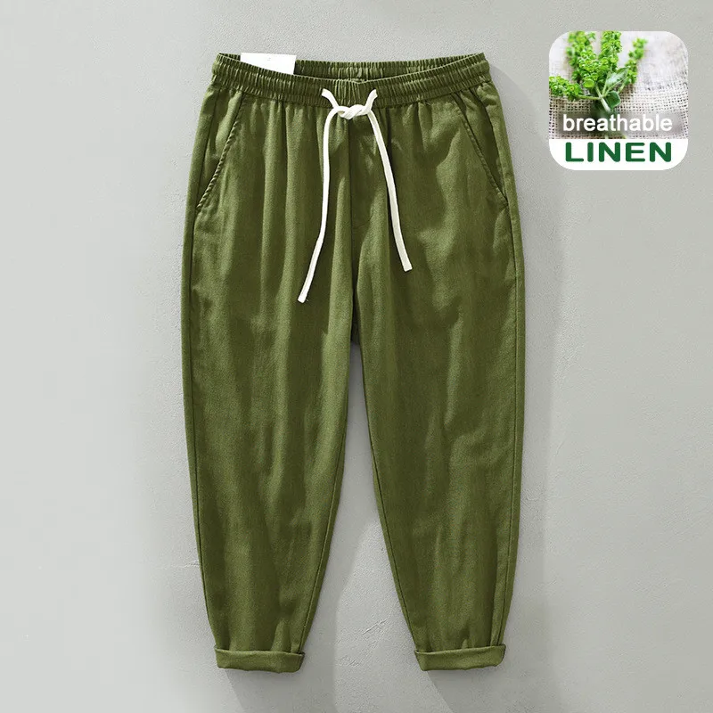 

2022 Spring Summer New Men Drawstring Cargo Pants Linen Cotton Blend Thin Breathable Solid Color Straight Casual Trouser GC-3501
