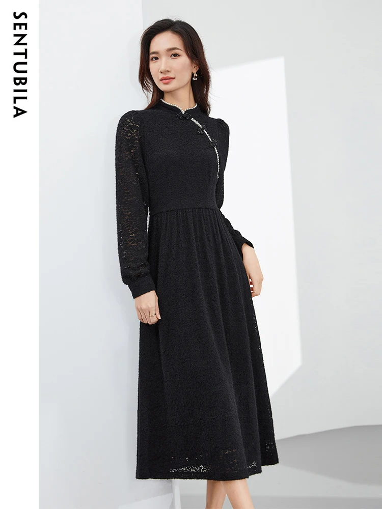 Женское кружевное жаккардовое платье Sentubila длинное ажурное в китайском стиле с