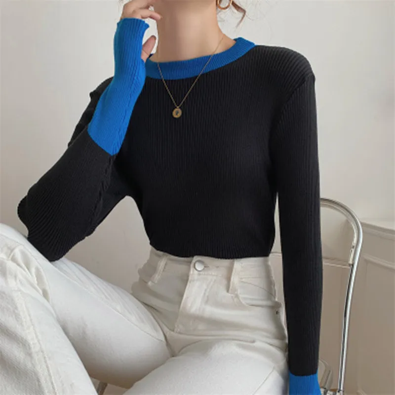 

2021 Contrasting Color Sweater Shirt Autumn Winter Knitted Top Long Sleeve Slim Commuter Pullover Beautiful Fashion Jumper