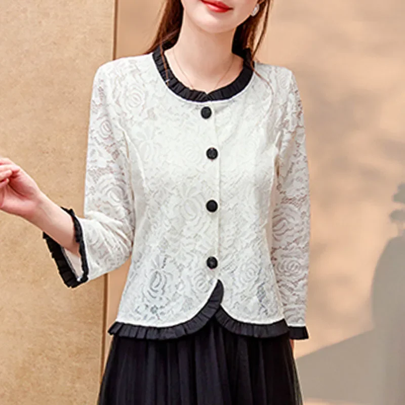 Модные куртки с рюшами белая черная женская куртка в китайском стиле кружевная