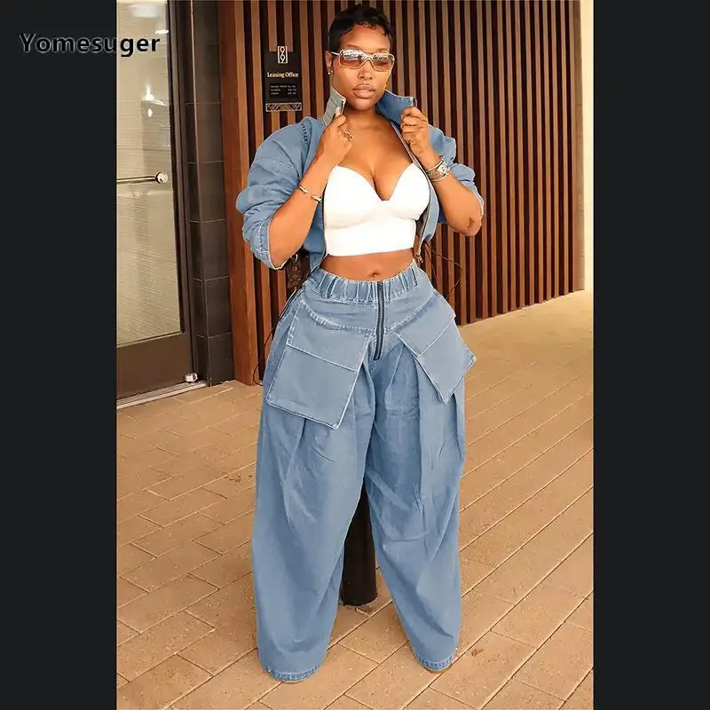 

Yomesuger Pocket Zipper Fly Loose Wide Leg Denim Cargo Pants Women 2023 Winter Streetwear Safari Fashion Straight Jeans Trousers