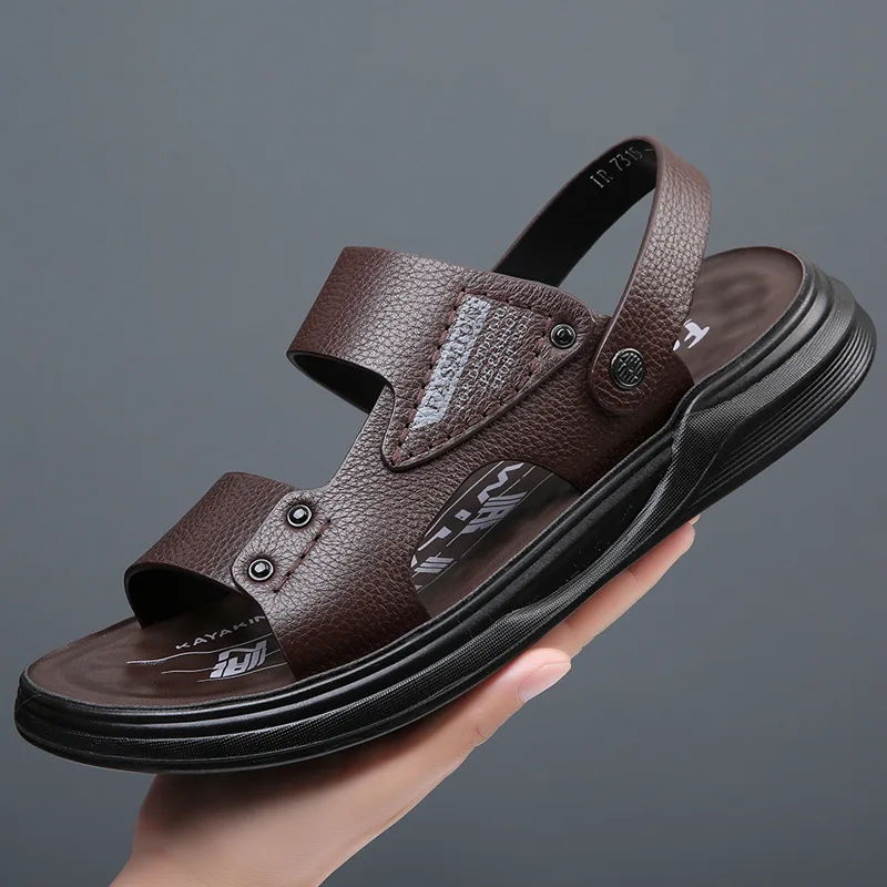 

2023 Summer New Top Layer Cowhide Sandals Men's Soft Sole Casual Outwear Beach Shoes Middle and Old Age Slippers