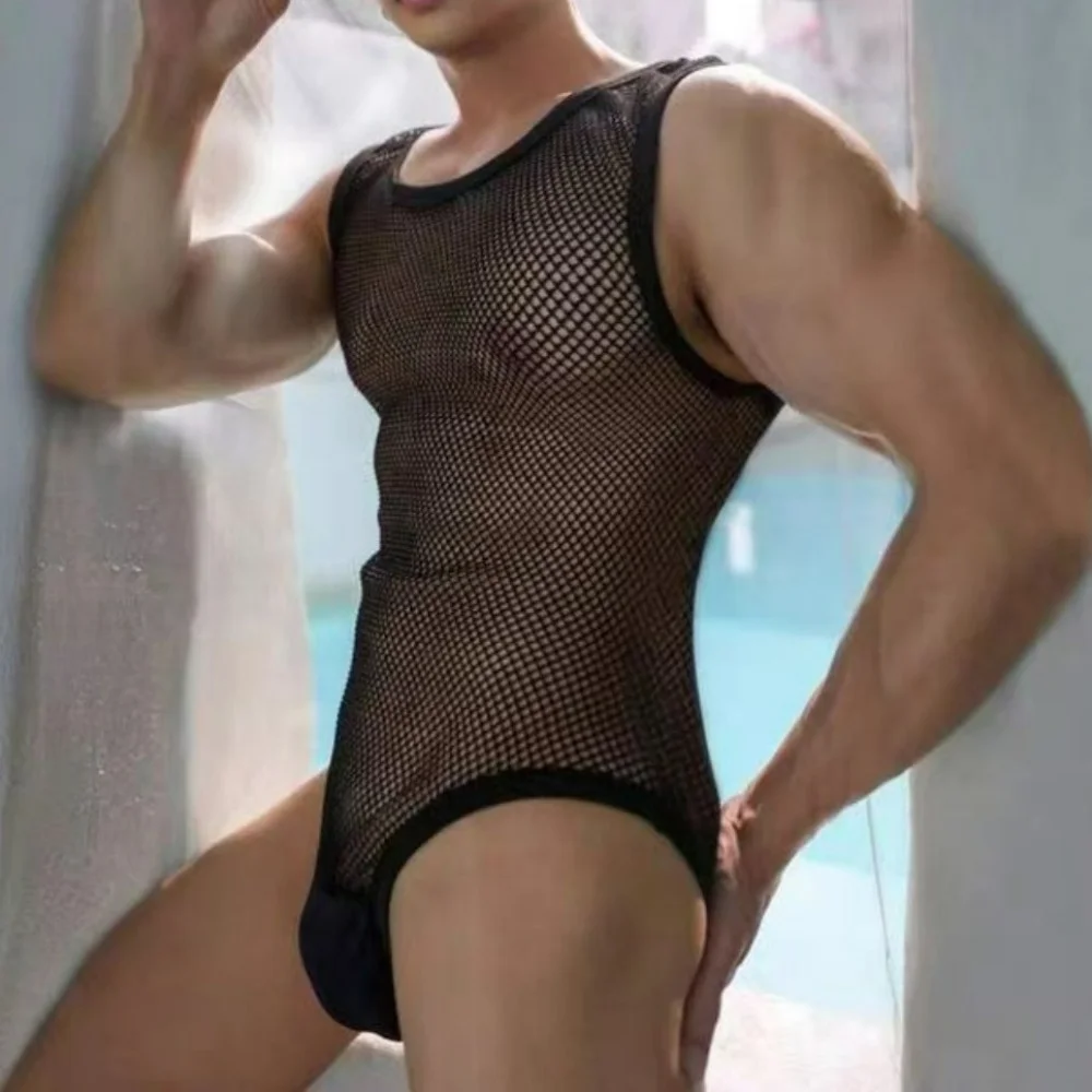 Sexy Breathable Mesh  Mens Lingerie Through Bodysuit Wrestling Singlet Jumpsuit Sleeveless Vest PajamaTemptation Flirting