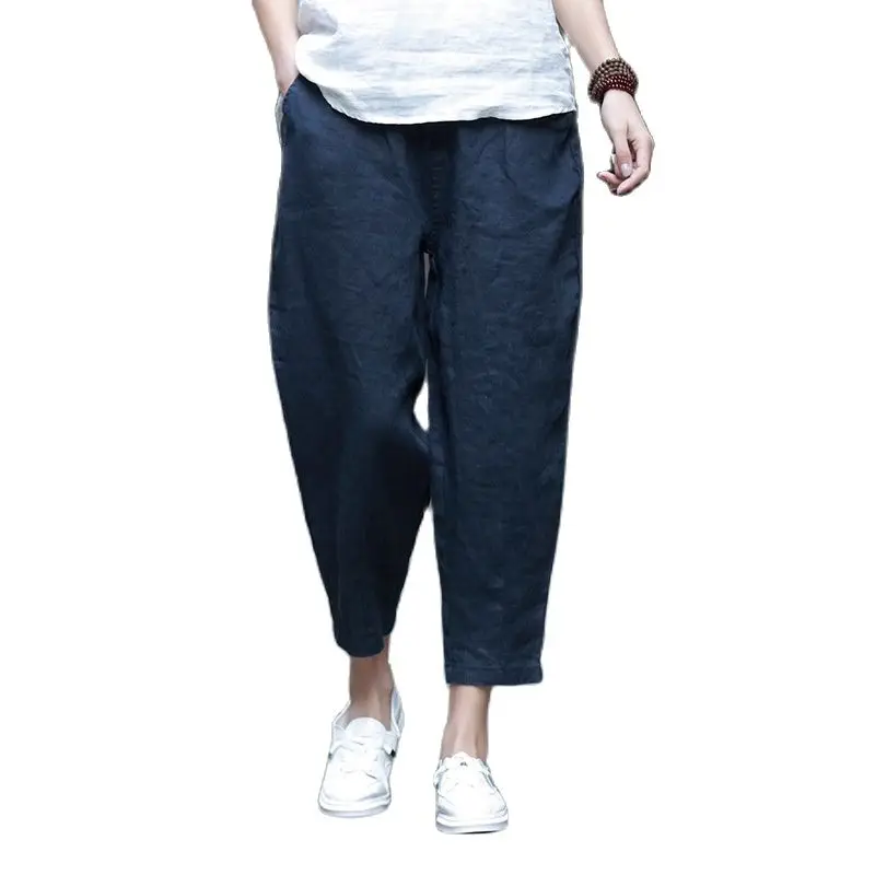 

2022 New Women's Comfortable Cotton Linen Cropped Trousers Literature Summer Slacks Loose Elastic Band Calf Length Harem Pants