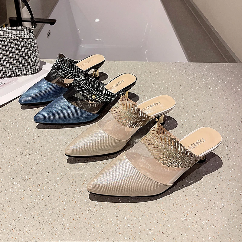 

Шлепанцы женские на высоком каблуке, заостренный носок, Нескользящие, сетчатые элегантные, летняя обувь для вечеринки, сланцы, на шпильке
