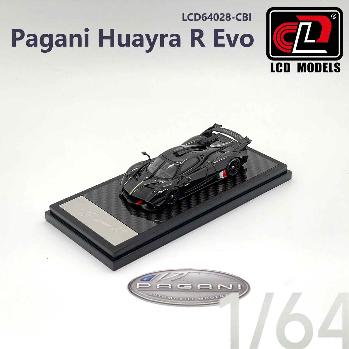 Фото LCD64028-CBI 1:64 Pagani Huayra R Carbon Black с итальянским флагом, коллекционная модель автомобиля из сплава, коллекция хобби-суперкаров. №1