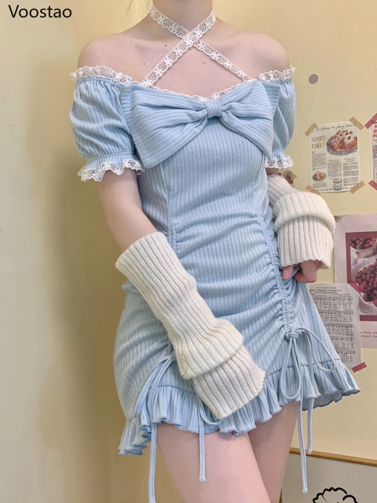 

Blue Japanese Lolita Kawaii Dress Summer Women Lace Korean Sexy Y2k Party Mini Dress Female Off Shoulder France Sweet Vestidos