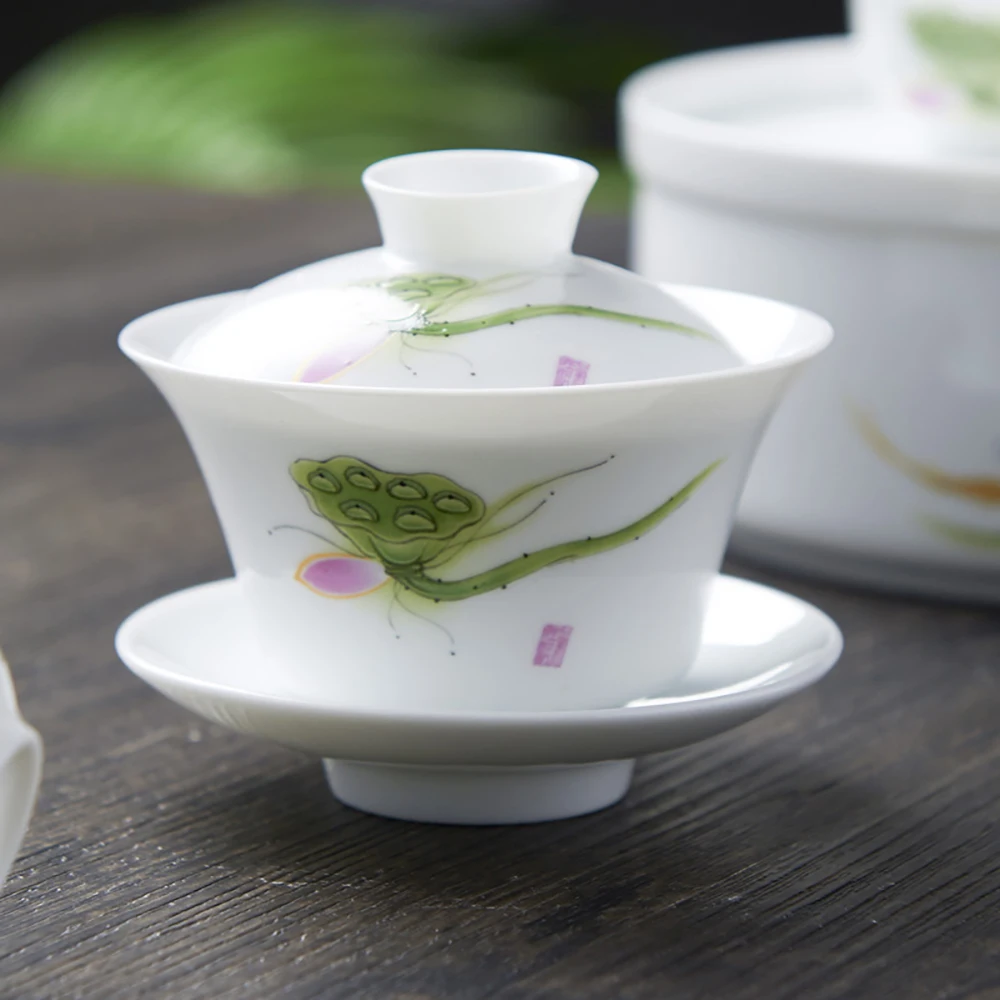 Фото Фарфоровый чайный набор ручной работы Gaiwan Persimmon, Цзиндэчжэнь, Gaiwan, китайские чайные чашки Chawanmushi, чаша с крышкой №1